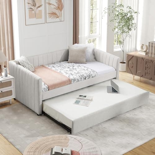 Modern Linen Fabric Upholstered Daybed with Trundle for Bedroom, Living Room, Guest Room