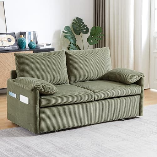 Eafurn 3-in-1 Convertible Pull-Out Sofa Bed Queen Size, Corduroy Lounge with Pillows & Storage