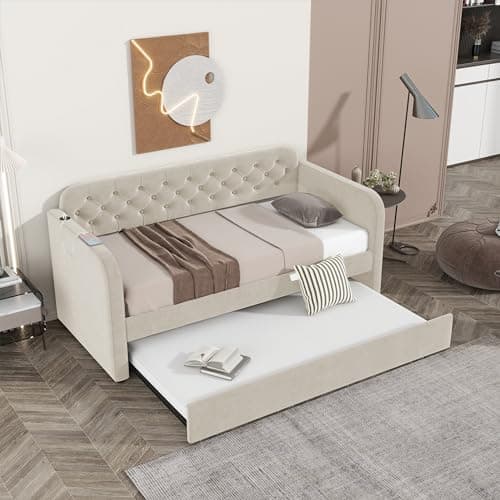 Twin Velvet Daybed with Trundle & USB Port - Dark Grey