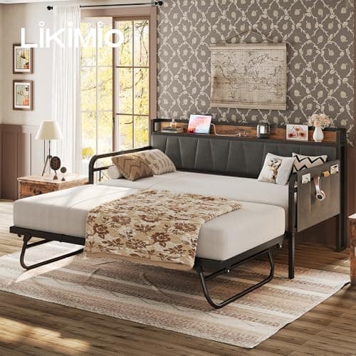 LIKIMIO Grey Twin Daybed with Trundle Bed and Storage Headboard for Living Room, Bedroom, and Guest Room, Strong Supports and Charging Station