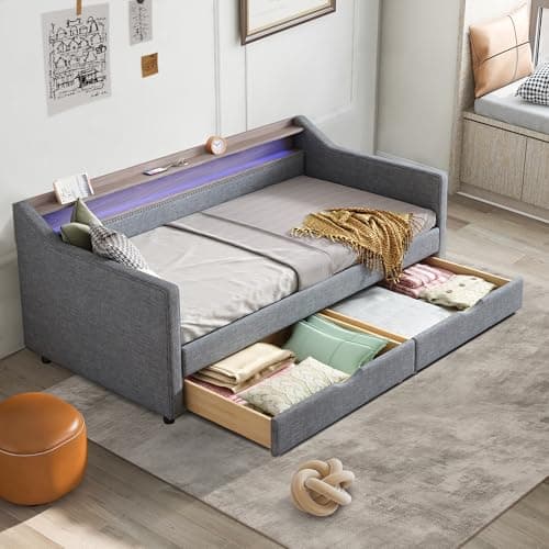 Linen Upholstered Twin Daybed with Storage and USB Port,Dark Grey