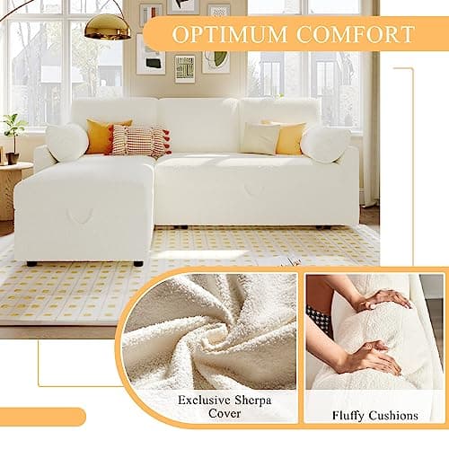 Offwhite Sherpa L-Shaped Pull Out Sofa Bed with Storage