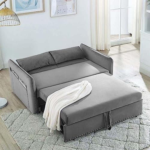 Modern Velvet Sleeper Sofa Bed with USB Port for Small Spaces in Grey