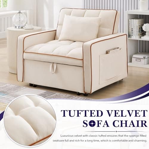 3-in-1 Convertible Sleeper Chair Bed for Small Spaces in Beige