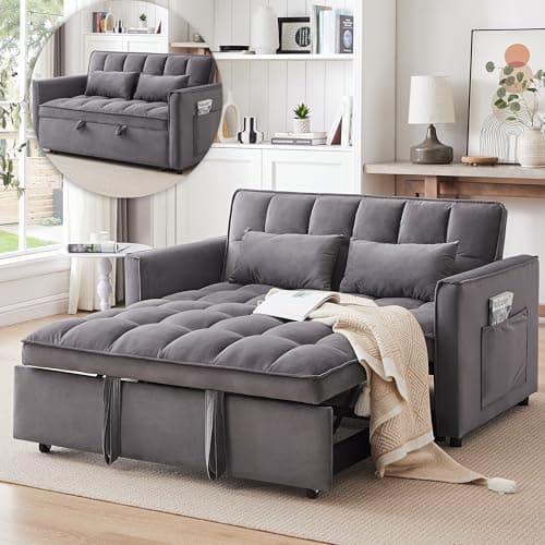 3 in 1 Convertible Sleeper Sofa Bed, Black Velvet Living Room Couch with Side Pocket | Adjustable Backrest