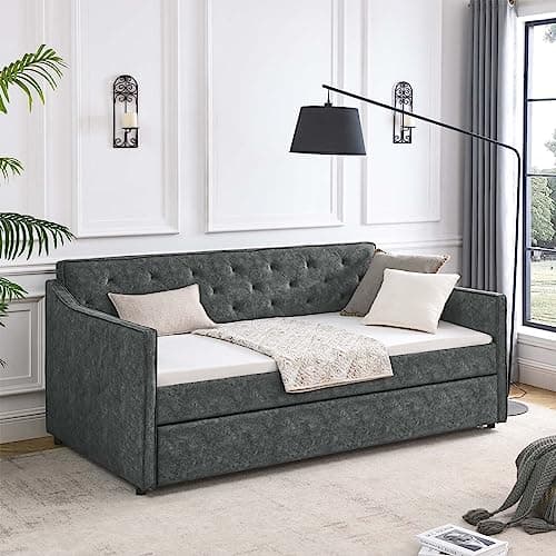 Antetek Twin Size Daybed with Trundle – Grey Fabric Sofa Frame, No Box Spring Needed for Bedroom, Living Room, Guest Room