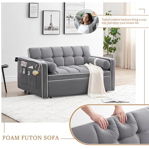 Antetek 3-in-1 Convertible Sleeper Sofa with Phone Holder - Modern Velvet Loveseat with Pullout Bed for Small Spaces, Grey