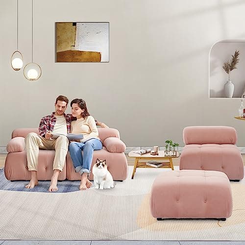 Antetek Modern Velvet L-Shaped 3-Seater Sofa with Movable Ottoman, 93-inch L Couch Furniture Set, Pink