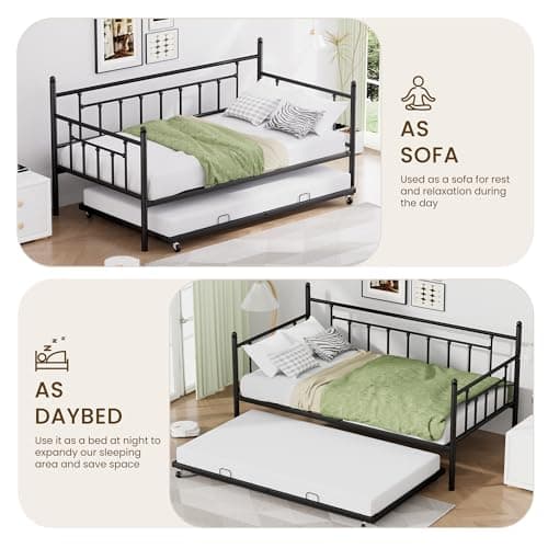 Black Twin Daybed with Backrest for Living Room, Bedroom, Kids Room, Guest Room
| Heavy Duty Metal Slats Platform Twin Daybed with Trundle for Bedroom and Guest Room
| Metal Trundle Frame with Pull Out Bed for Kids and Guest Room