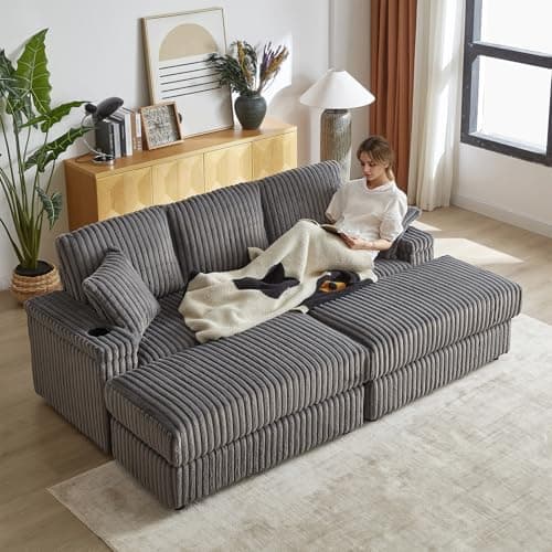 Modern Black Cloud Lounge Sofa with Storage & Cup Holders, 86-inch Deep Seat