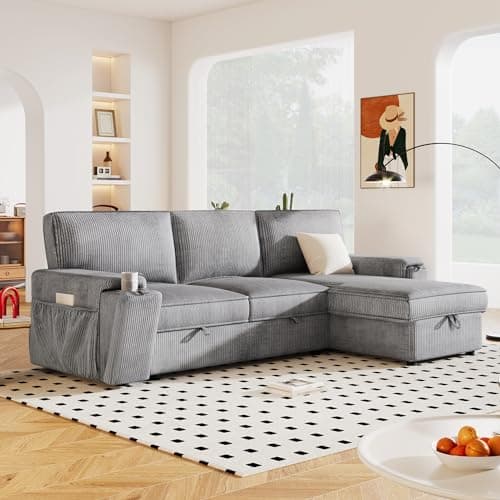 Eafurn Reversible Corduroy L-Shaped Sleeper Sectional With Chaise, USB Ports, Living Room Sofa Bed