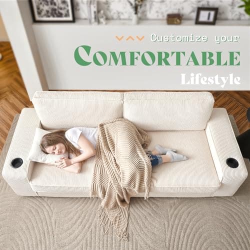 AMERLIFE Beige Corduroy 3 Seater Deep Seat Sofa with USB Ports & Cup Holders