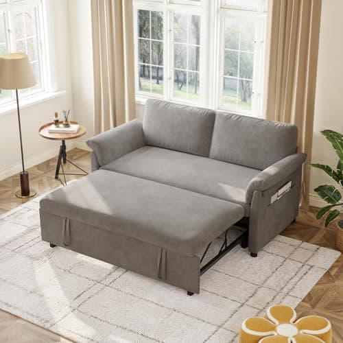 3-in-1 Chenille Convertible Sofa Bed with Pull-Out Bed, Grey