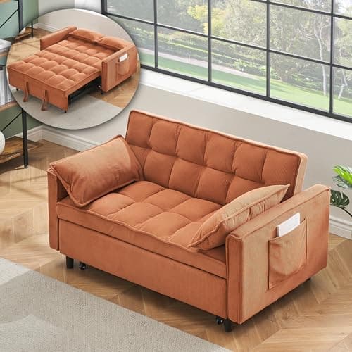 3 in 1 Convertible Sleeper Sofa Bed, Black Velvet Living Room Couch with Side Pocket | Adjustable Backrest