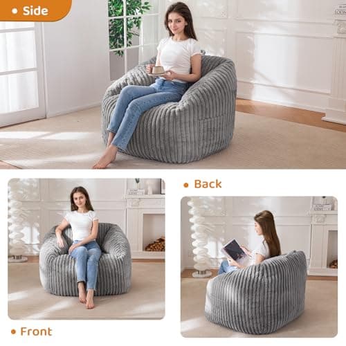 BYBYME Giant Comfy Bean Bag Chair for Adults and Kids, Grey