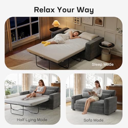 Marsail Full Size Pull Out Sofa Bed with Memory Foam, 2 USB, Grey Chenille Fabric