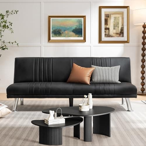VECELO Modern Convertible Sofa Bed, Faux Leather Futon, Black