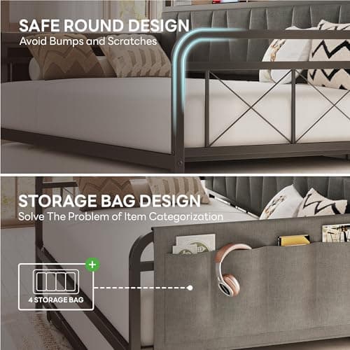 LIKIMIO Grey Twin Daybed with Trundle Bed and Storage Headboard for Living Room, Bedroom, and Guest Room, Strong Supports and Charging Station