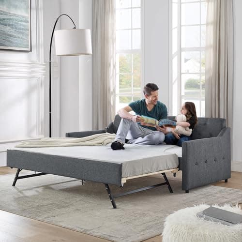 Dark Grey Linen Tufted Extendable Day Bed with Trundle & USB Ports