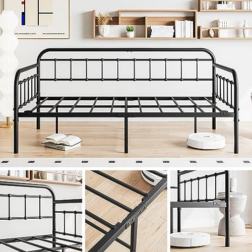 Black Twin Heavy Duty Metal Daybed Frame with Slats Mattress Foundation