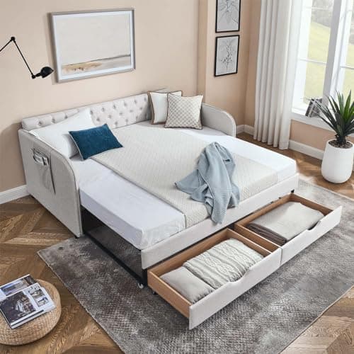 Modern 80.5 Daybed with Trundle Bed and Storage Drawer, Beige