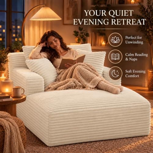 49" Chaise Lounge Indoor, Oversized Chaise Lounge Chair with 3 Comfy Pillows for Living Room Bedroom, Wide Arms Corduroy Fabric High-Density Foam No Assembly Required (White)