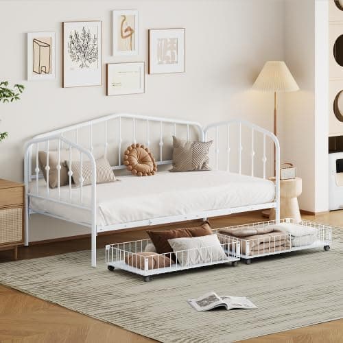 Modern Metal Twin Day Bed with Pop Up Trundle, Steel Slat Support (Black)