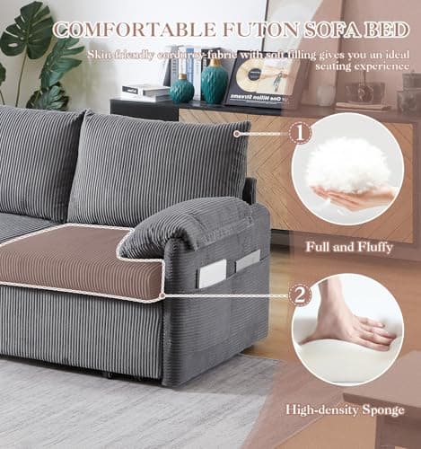 Antetek 3-in-1 Convertible Futon Sofa Bed, Grey Corduroy Queen Size