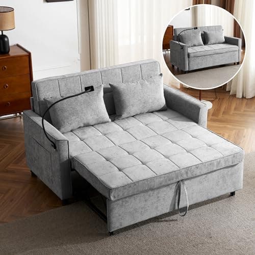 Merax 3-in-1 Convertible Couch with USB Ports, Brown | Sleeper Sofa Bed, Living Room Futon