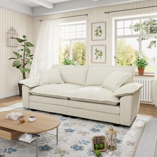 80.5-inch Modular Sectional Couch with Ottoman, Modern Oversized Corduroy Cloud Fluffy Deep Seat Loveseat Chaise Lounge Sofa with 2 Throw Pillows for Living Room Bedroom Apartment, Gray