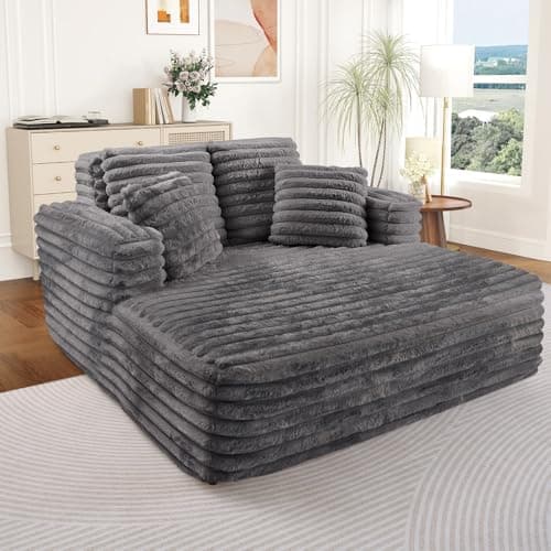Oversized Chaise Lounge Indoor Beige Modern Plush Corduroy Fabric Deep Seat Boneless Memory Foam Sleeper Sofa Chair with Pillows for Living Room Bedroom Studio No Assembly Couch