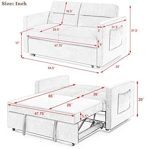 Modern 3 in 1 Convertible Sleeper Sofa Bed, Loveseat Couch with Pull-Out Bed, Reclining Backrest & Side Pocket, Blue