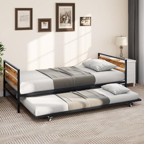 YITAHOME Black Twin Daybed with Trundle and Adjustable Height for Living and Guest Room sofa Couch with Steel Slat Support