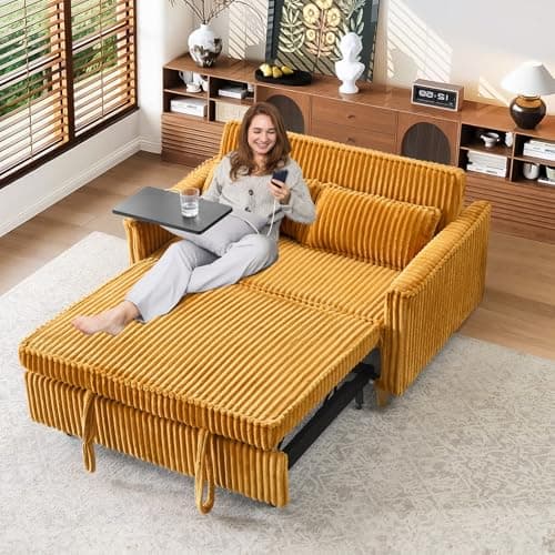 Antetek 3-in-1 Corduroy Convertible Sofa Bed, Gray with Movable Table & USB Ports