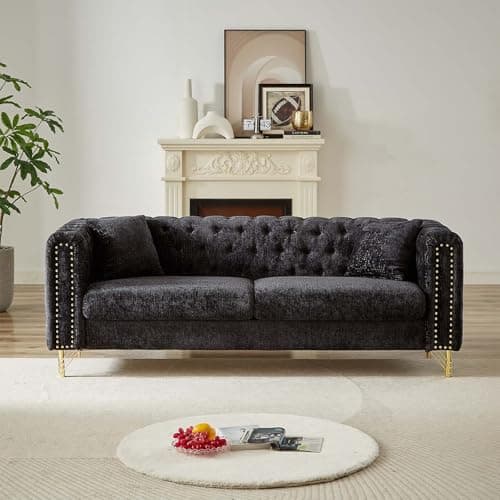 Antetek 82" Copper Nail Metal Leg Chenille Sofa Couch, Black