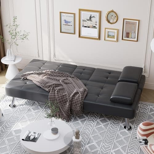 Shahoo Black Faux Leather Convertible Futon Sofa Bed for Living Room