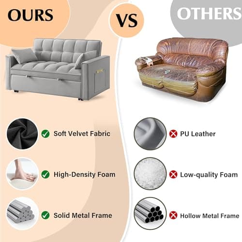 Gray Velvet 3-in-1 Convertible Sleeper Sofa Bed with Armrests, Storage Pockets & 2 Pillows for Living Room, Apartment, Bedroom, or Office