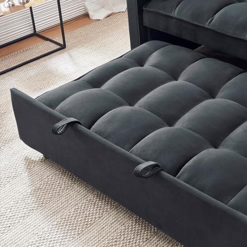 Black Velvet Futon Sofa Bed with Adjustable Backrest and Storage (Living/Bedroom)