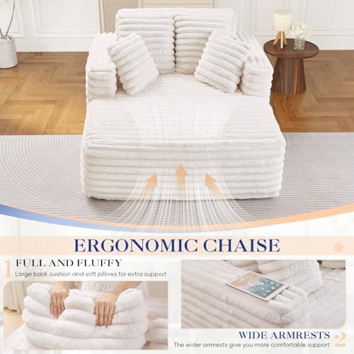 Oversized Chaise Lounge Indoor Beige Modern Plush Corduroy Fabric Deep Seat Boneless Memory Foam Sleeper Sofa Chair with Pillows for Living Room Bedroom Studio No Assembly Couch