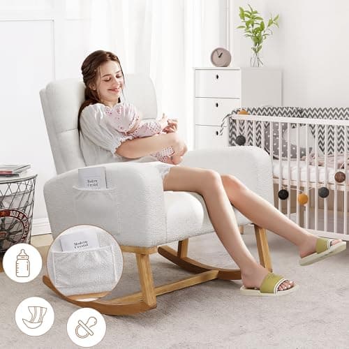 Sherpa Nursing Rocking Armchair for Mom, Modern Rocker Chair with High Backrest