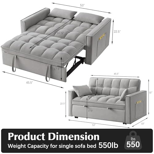 Gray Velvet 3-in-1 Convertible Sleeper Sofa Bed with Armrests, Storage Pockets & 2 Pillows for Living Room, Apartment, Bedroom, or Office