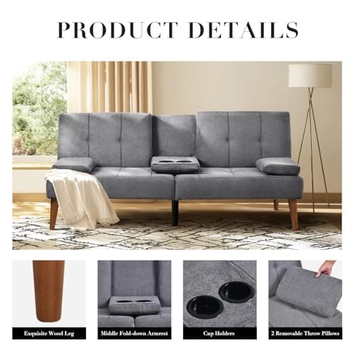 COLAMY Convertible Futon Sofa Bed - Light Grey with Cup Holders