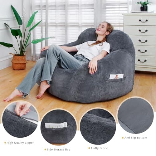 Comfy Giant Bean Bag Chair with Memory Foam for Adults | Gray Bean Bag Sofa for Bedroom, Living Room
