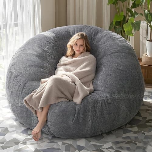 Black 7FT Adult Bean Bag Chair Cover, Stuffed Animal Storage, Comfortable for Bedroom Living Room