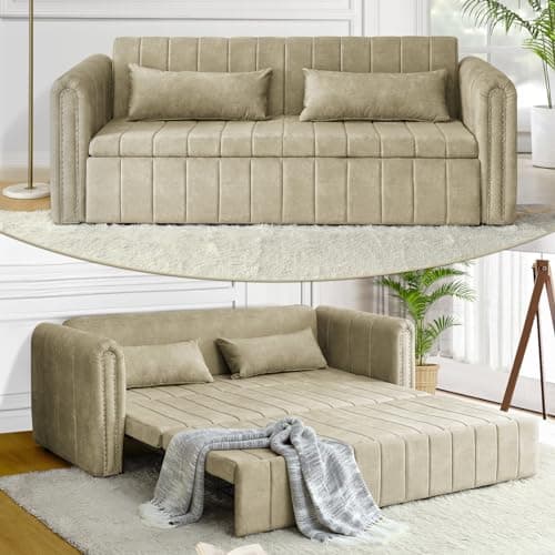 Antetek 82 Velvet Sleeper Sofa - Modern 3-Seat Couch with Pullout Bed & Pillows, Beige