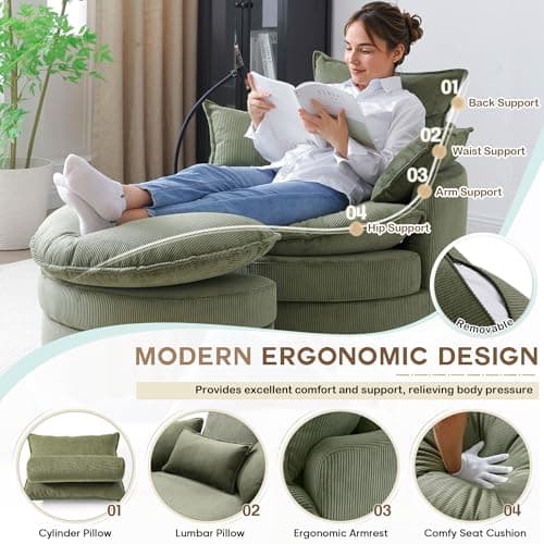 Modern Green Swivel Chair with Phone Holder & Storage Ottoman, Corduroy Upholstered