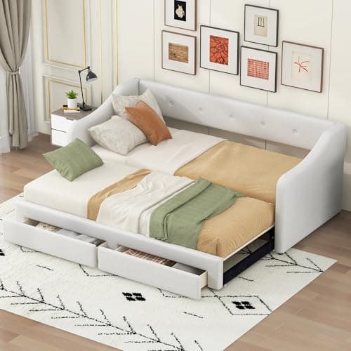 Gray Extendable Linen Daybed with Drawers and Pop-up Guest Bed