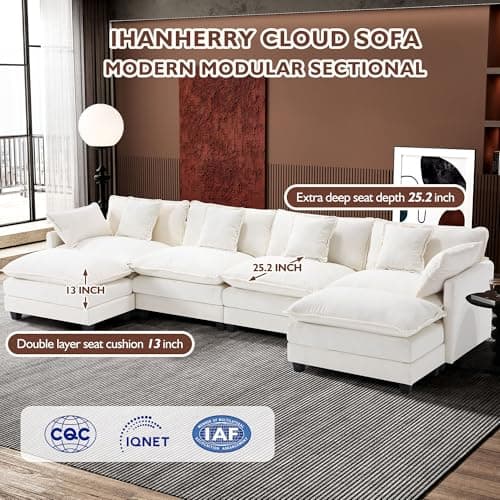 Ihanherry 6-Seat Beige Modular U-Shaped Sofa with Ottomans for Living Room