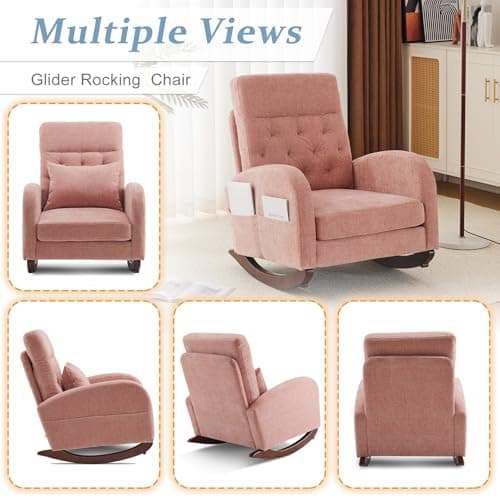 VINGLI Chenille Low Seat Rocking Chair, Pink with Side Pockets and High Backrest