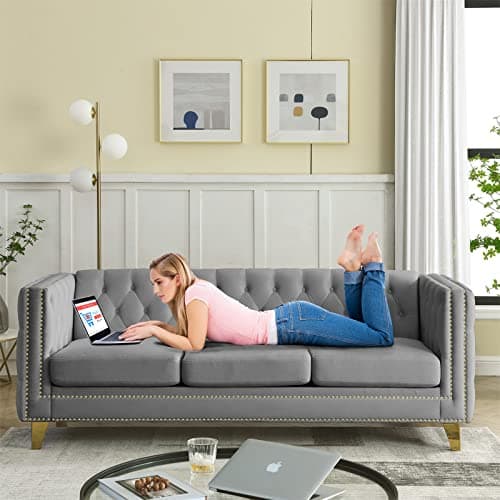 Modern 3-Seater Upholstered Couch for Living Room with Golden Metal Legs